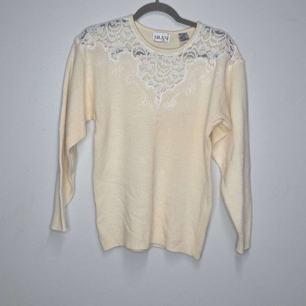 Vintage Nilani Angora Lambswool Blend Lace Beaded Knit Sweater Cream Medium